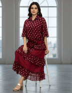 Premium Maroon Polka Dot Georgette Shirt & Layered Ruffle Skirt Co-ord Set