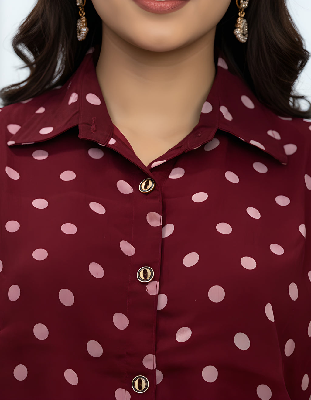 Premium Maroon Polka Dot Georgette Shirt & Layered Ruffle Skirt Co-ord Set