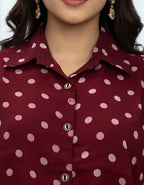 Premium Maroon Polka Dot Georgette Shirt & Layered Ruffle Skirt Co-ord Set