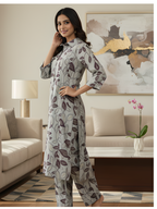Grey Leaf Print Long Shirt Co-ord Set for Women