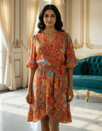 Viigobella Orange Abstract Printed Kasturi Silk Wrap Dress