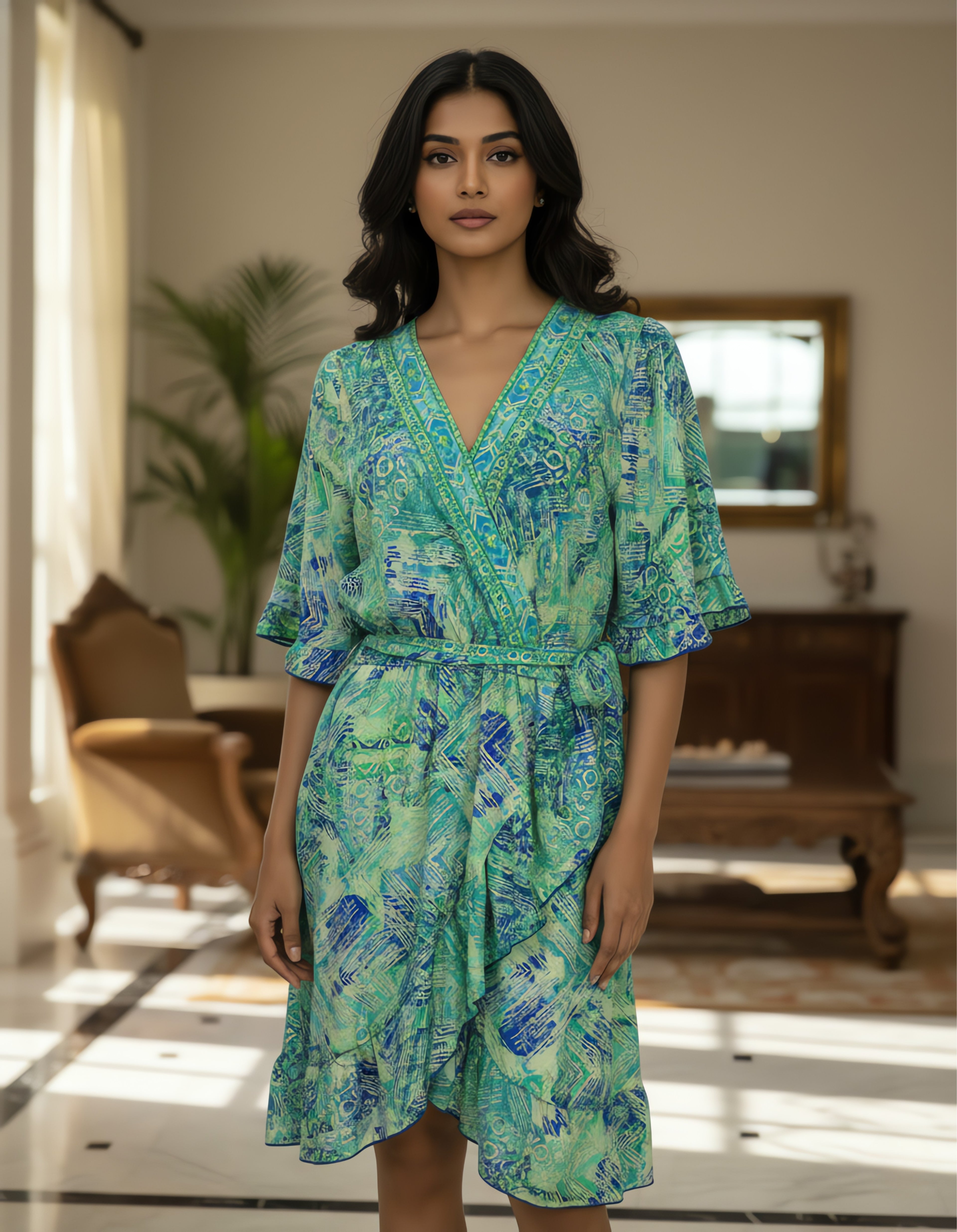 Viigobella Green Abstract Printed Kasturi Silk Wrap Dress