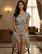 Beige Mix Printed Georgette Short Wrap Dress – Viigobella