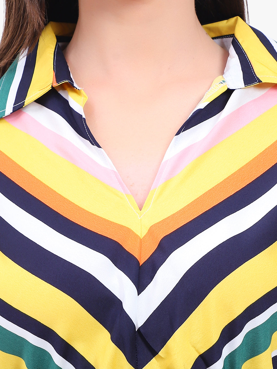 Women’s Striped Crepe Dress with Smocked Waist & Tie-Up Sleeves – Export Quality