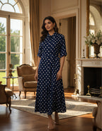 Viigobella Navy Polka Dot Crepe Button-Down Maxi Dress