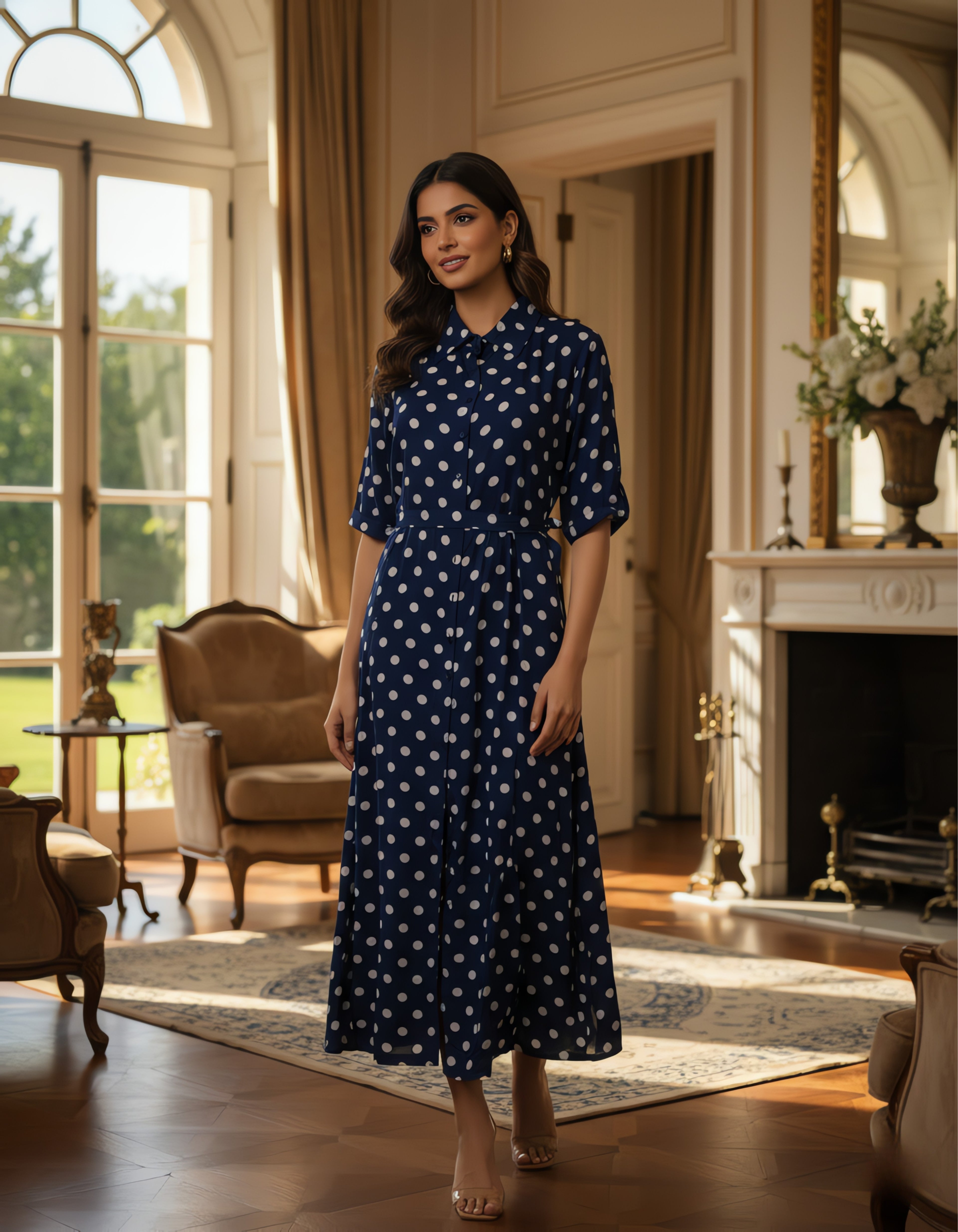 Viigobella Navy Polka Dot Crepe Button-Down Maxi Dress