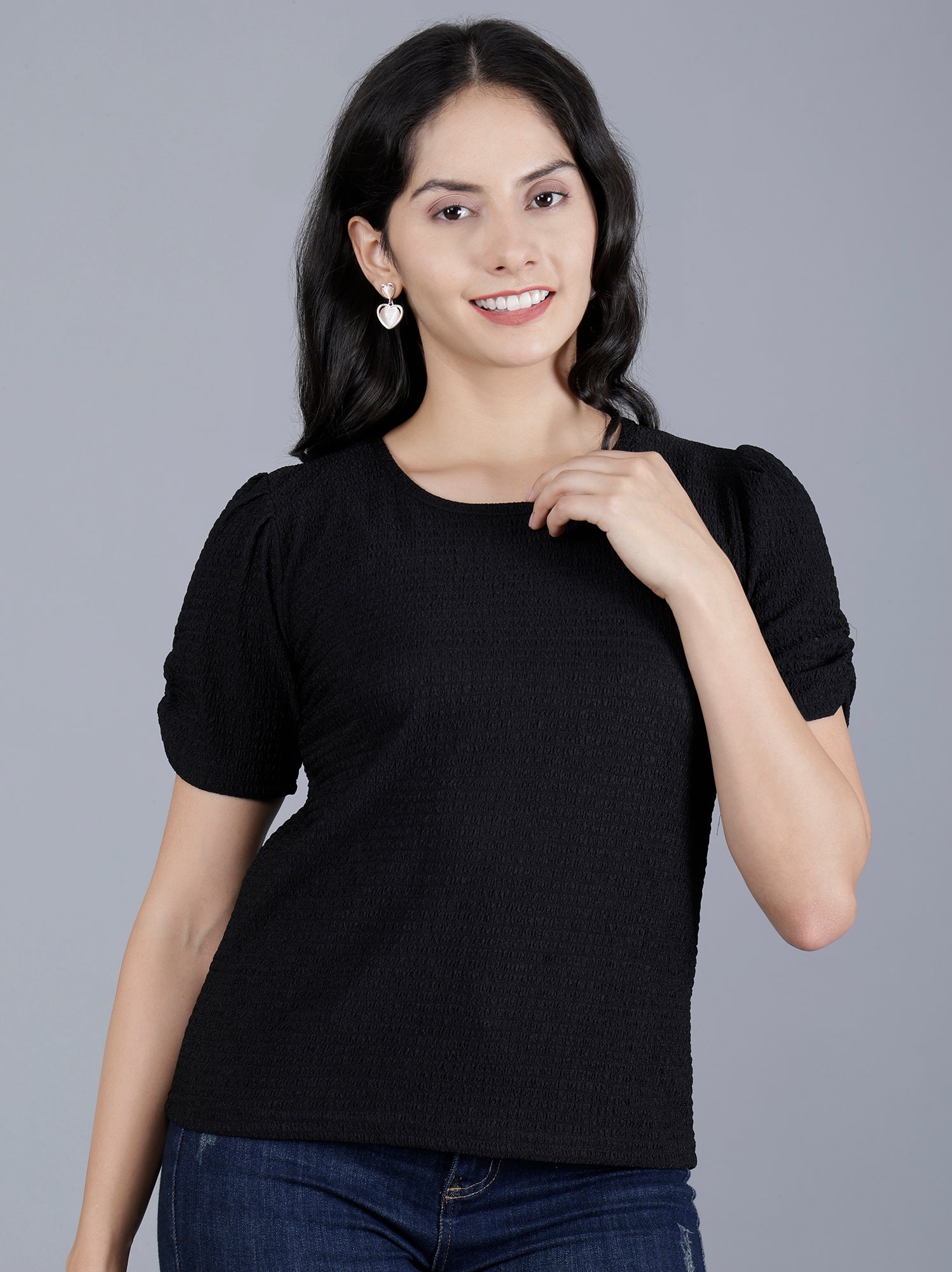 Viigobella Women’s Puff Sleeve Top in Black Sugarcane Fabric