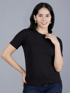 Viigobella Women’s Textured Short Sleeve Top in Black Cotton Fabric