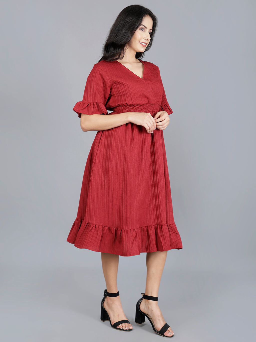 Viigobella Women’s Wrap Midi Dress in Maroon Sugarcane Fabric