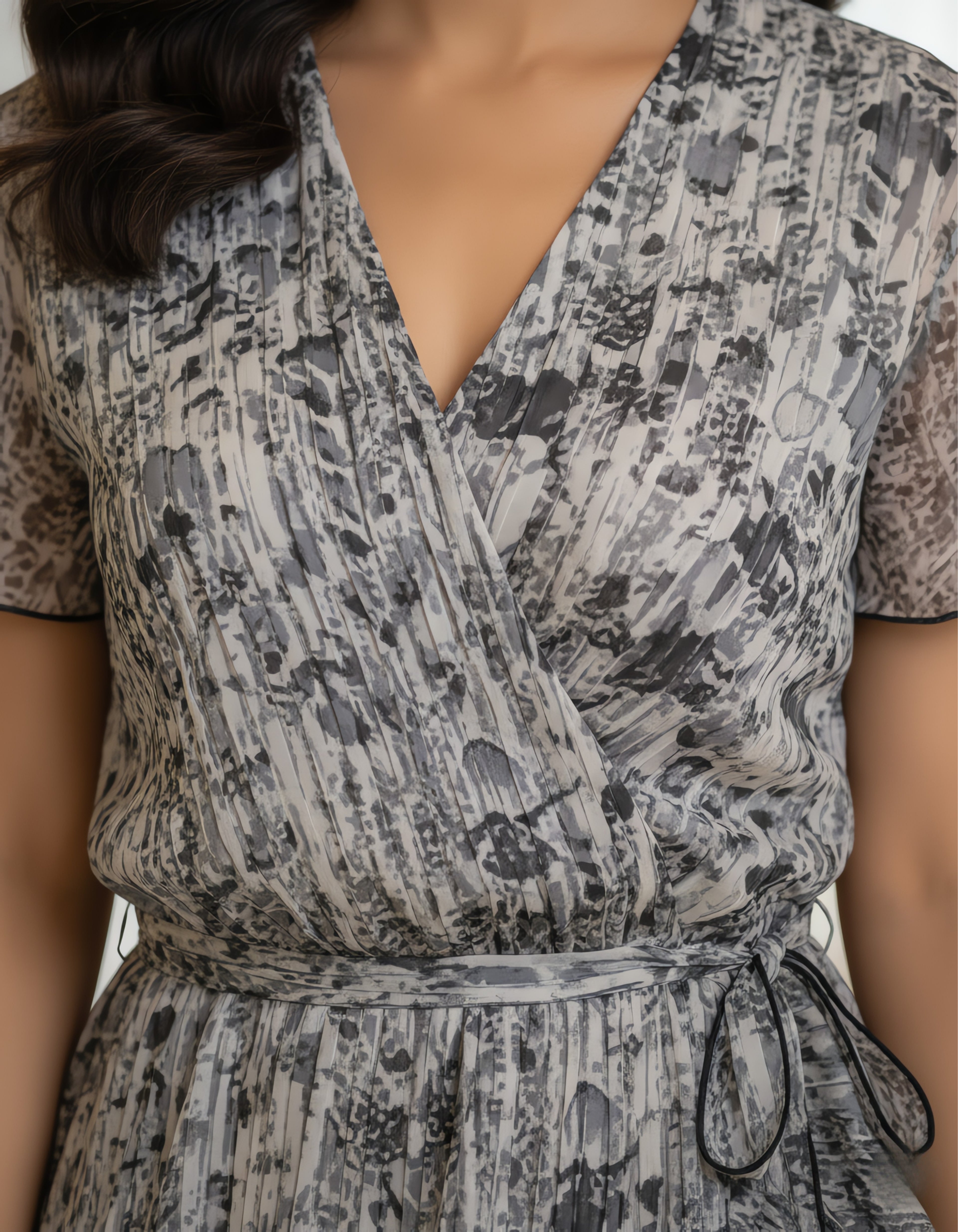 Grey Abstract Printed Georgette Short Wrap Dress – Viigobella