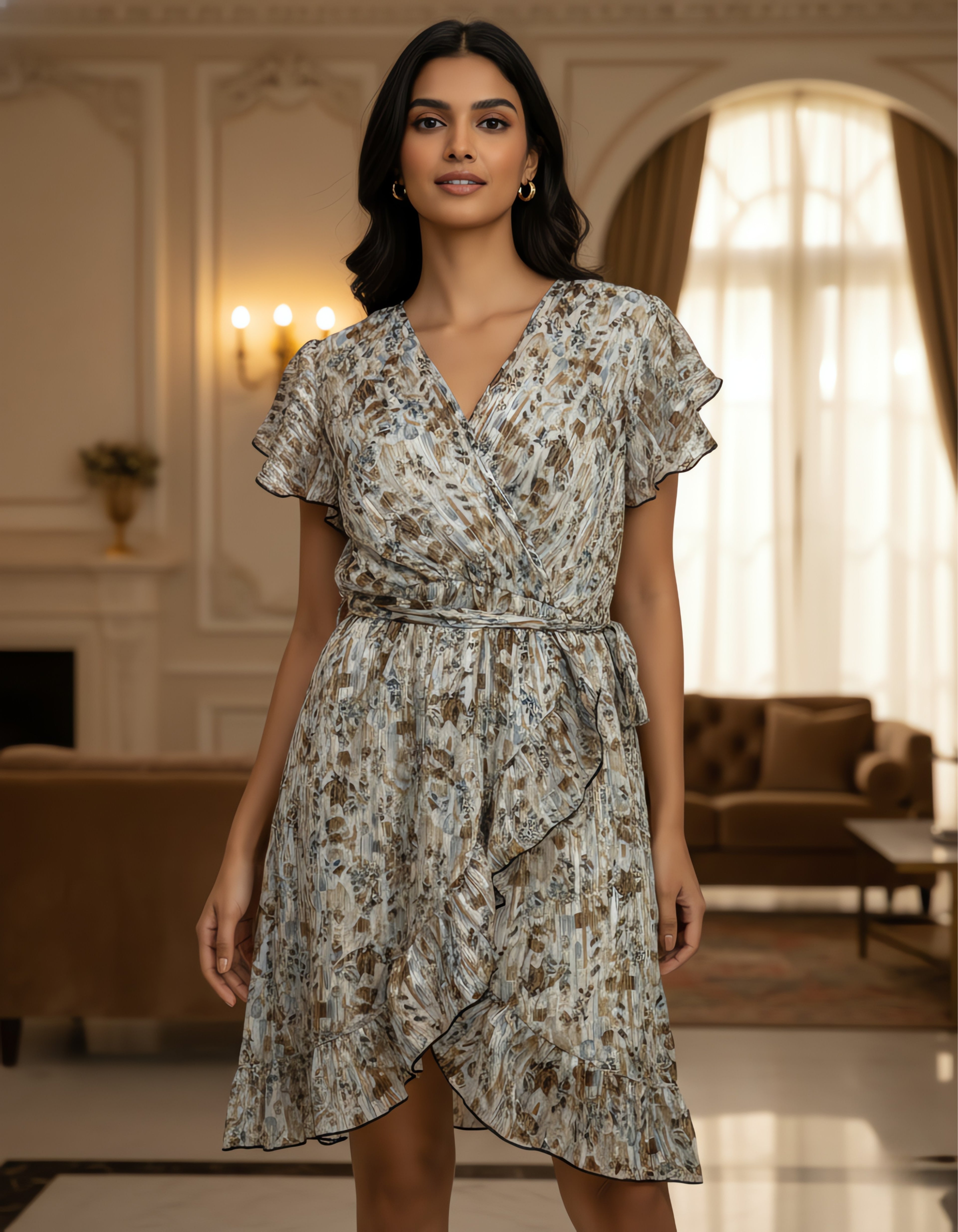 Beige Mix Printed Georgette Short Wrap Dress – Viigobella