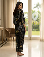 Women’s Black Gold Floral Printed Co-ord Set – Vertigen Fabric