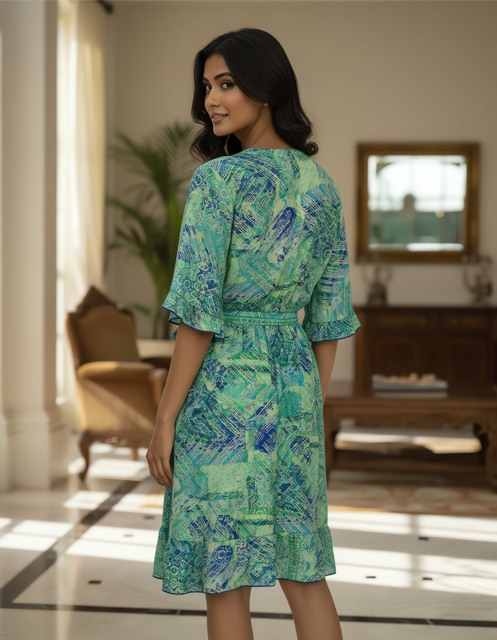 Viigobella Green Abstract Printed Kasturi Silk Wrap Dress