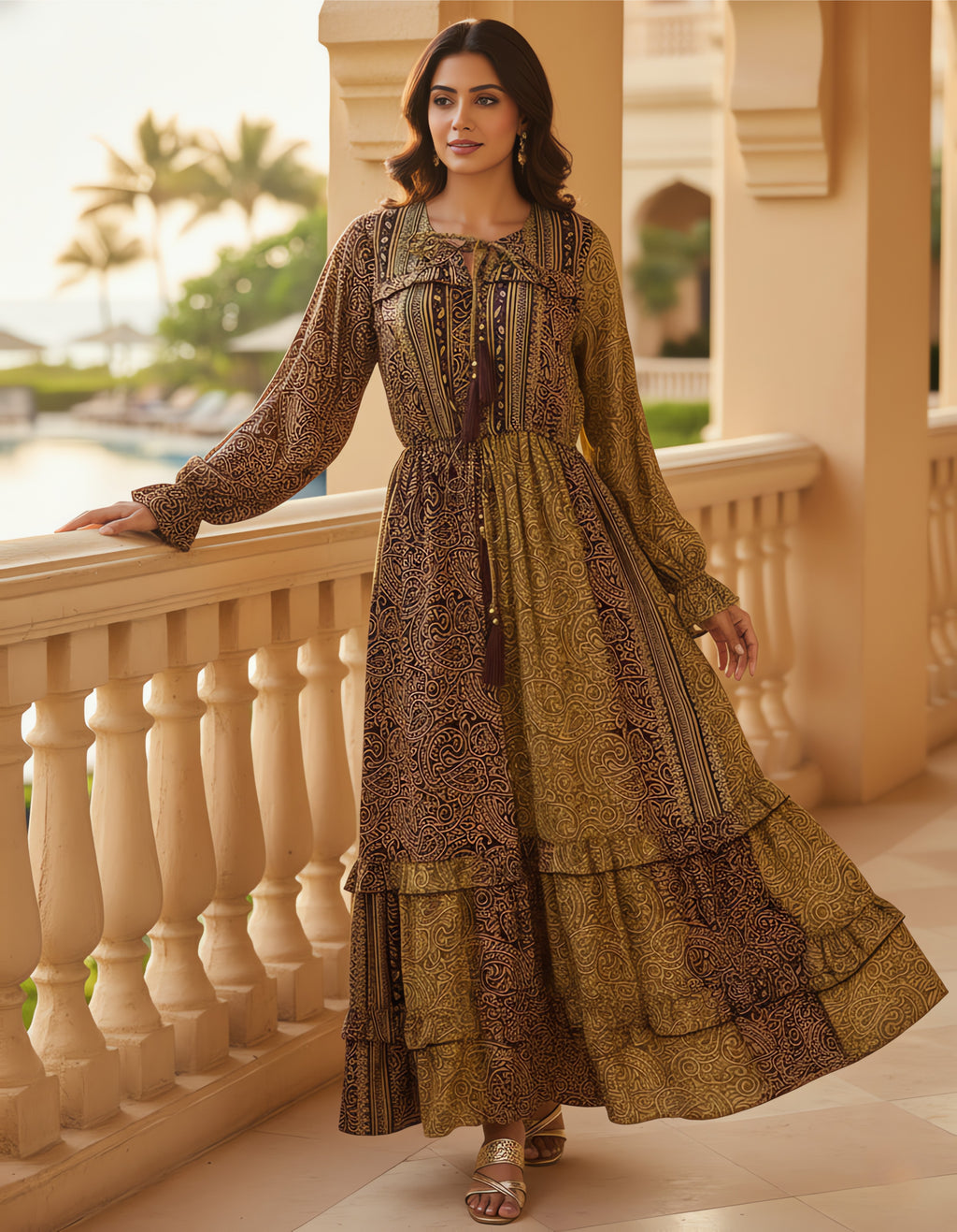 Viigobella Premium Kasturi Silk Printed Tiered Maxi Dress with Tassel Tie-Up