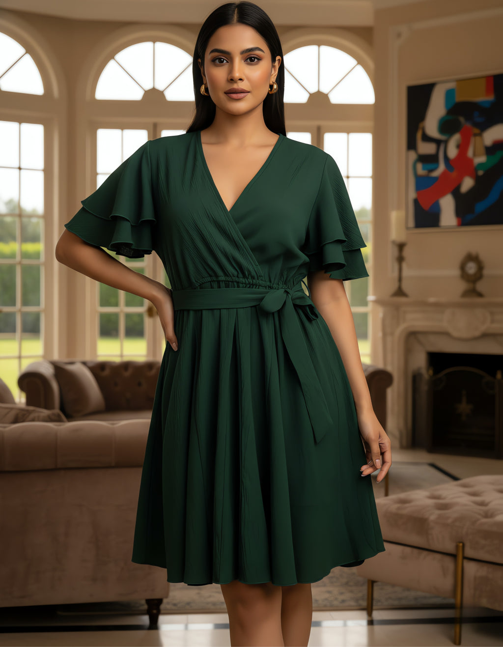 Viigobella Solid Rayon Crepe Wrap Dress with Layered Ruffle Sleeves