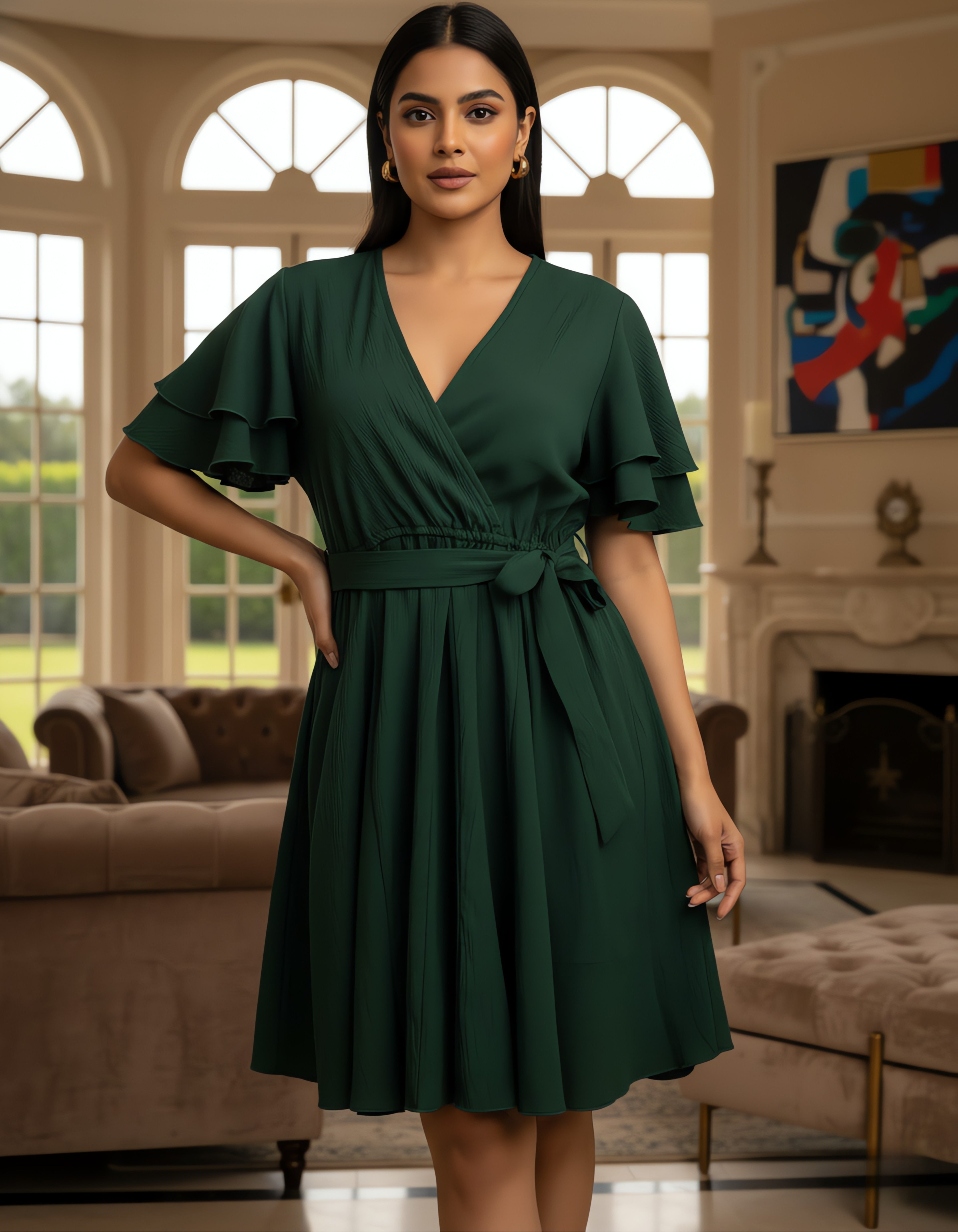 Viigobella Solid Rayon Crepe Wrap Dress with Layered Ruffle Sleeves