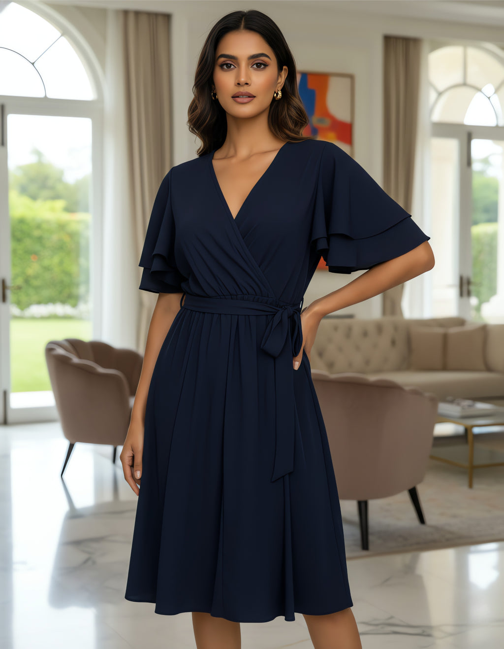 Viigobella Rayon Crepe Wrap Dress with Layered Ruffle Sleeves
