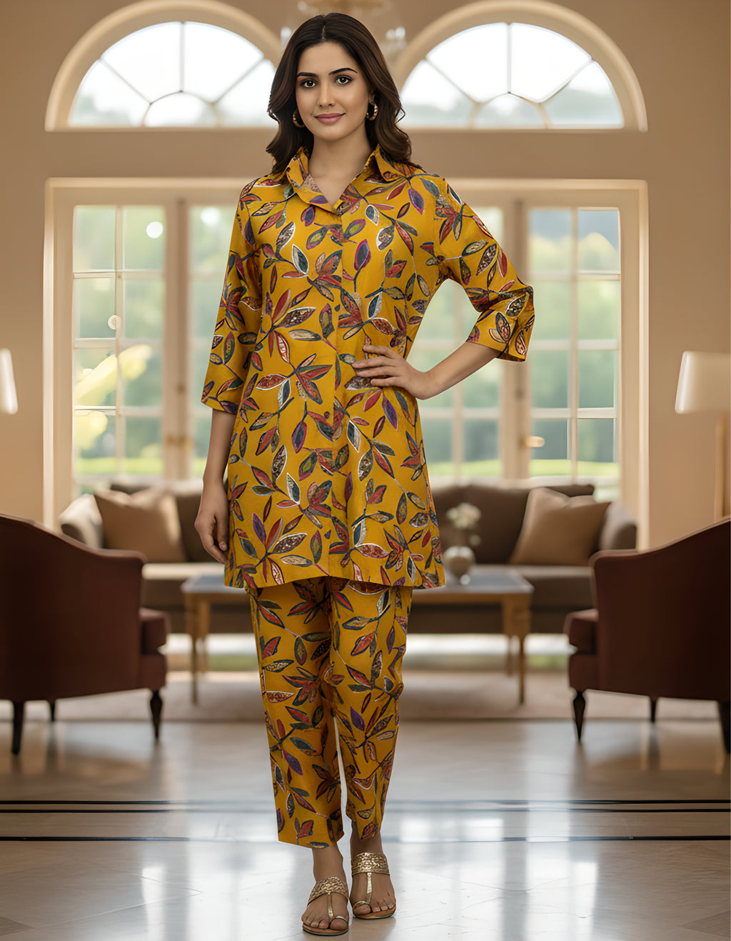 Women’s Mustard Leaf Printed Co-ord Set – Vertigen Fabric