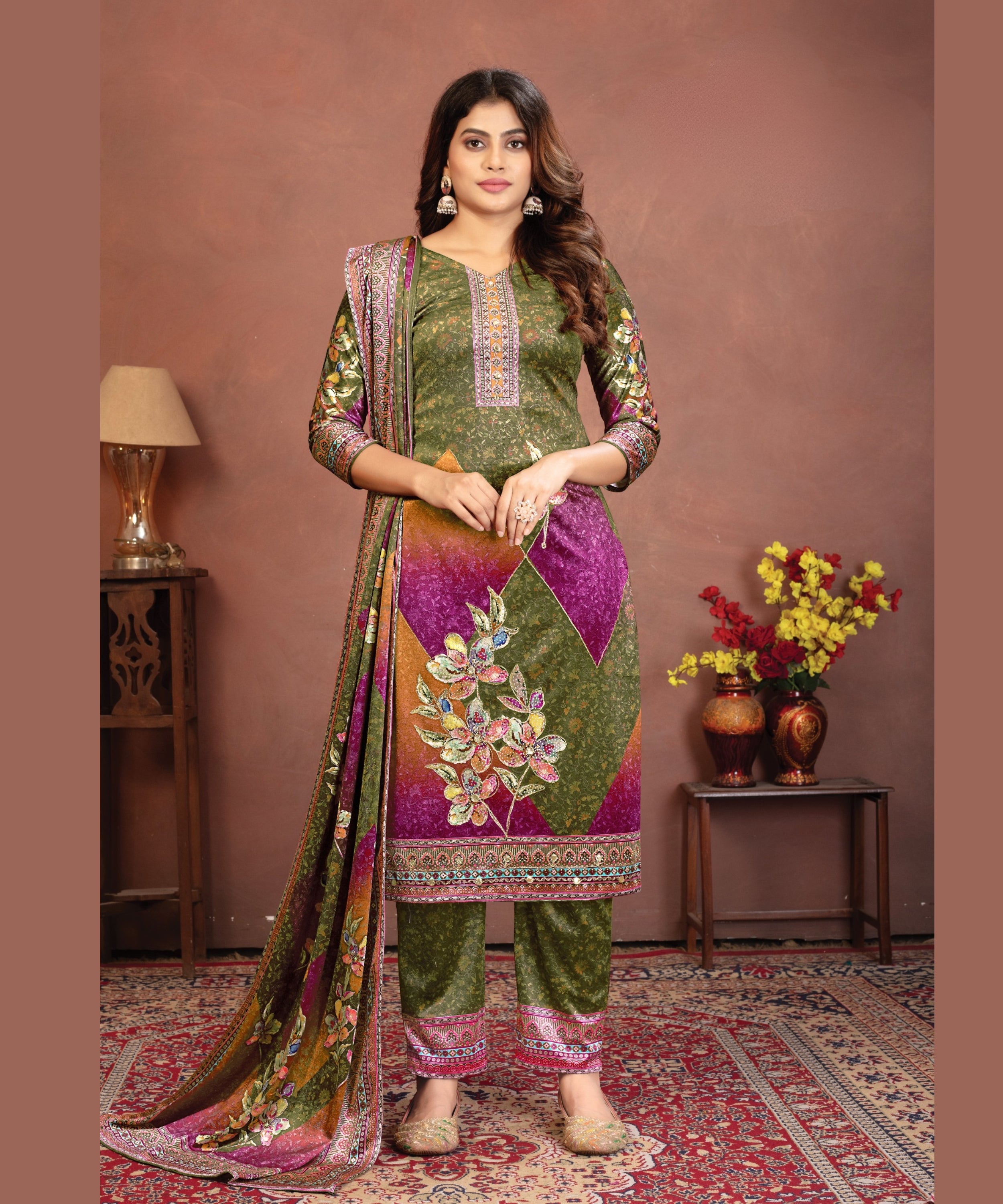 Premium Velvet Designer Printed Suit Set with Dupatta