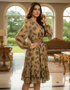 Leaf Printed Georgette Lurex Midi Dress for Women – Viigobella