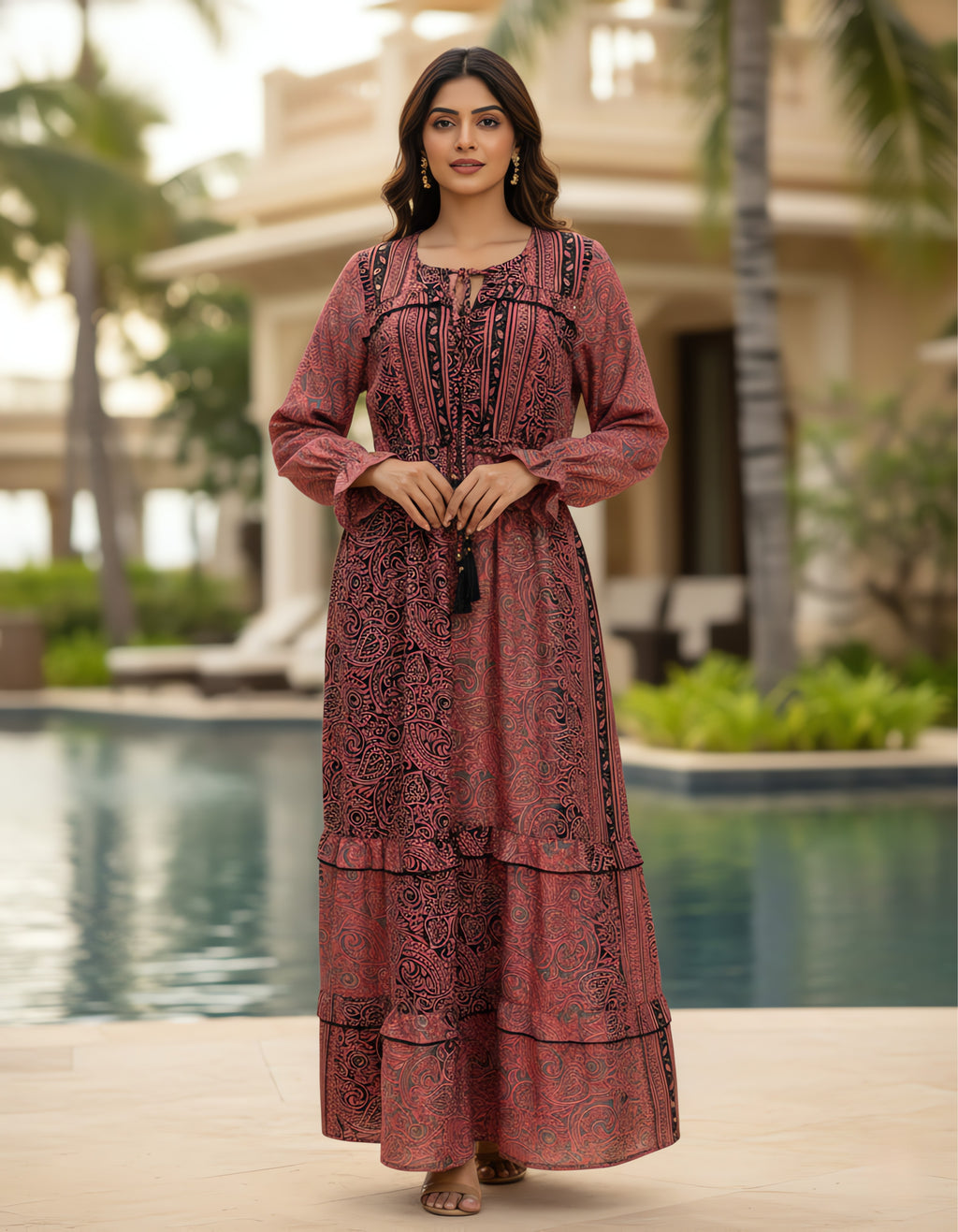 Viigobella Kasturi Silk Printed Tiered Maxi Dress with Drawstring Waist