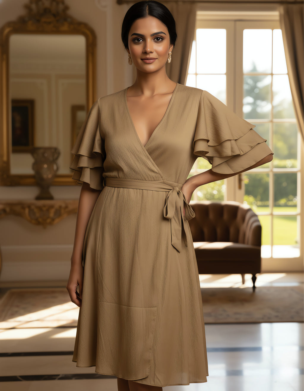 Viigobella Delta Fabric Wrap Dress with Layered Ruffle Sleeves