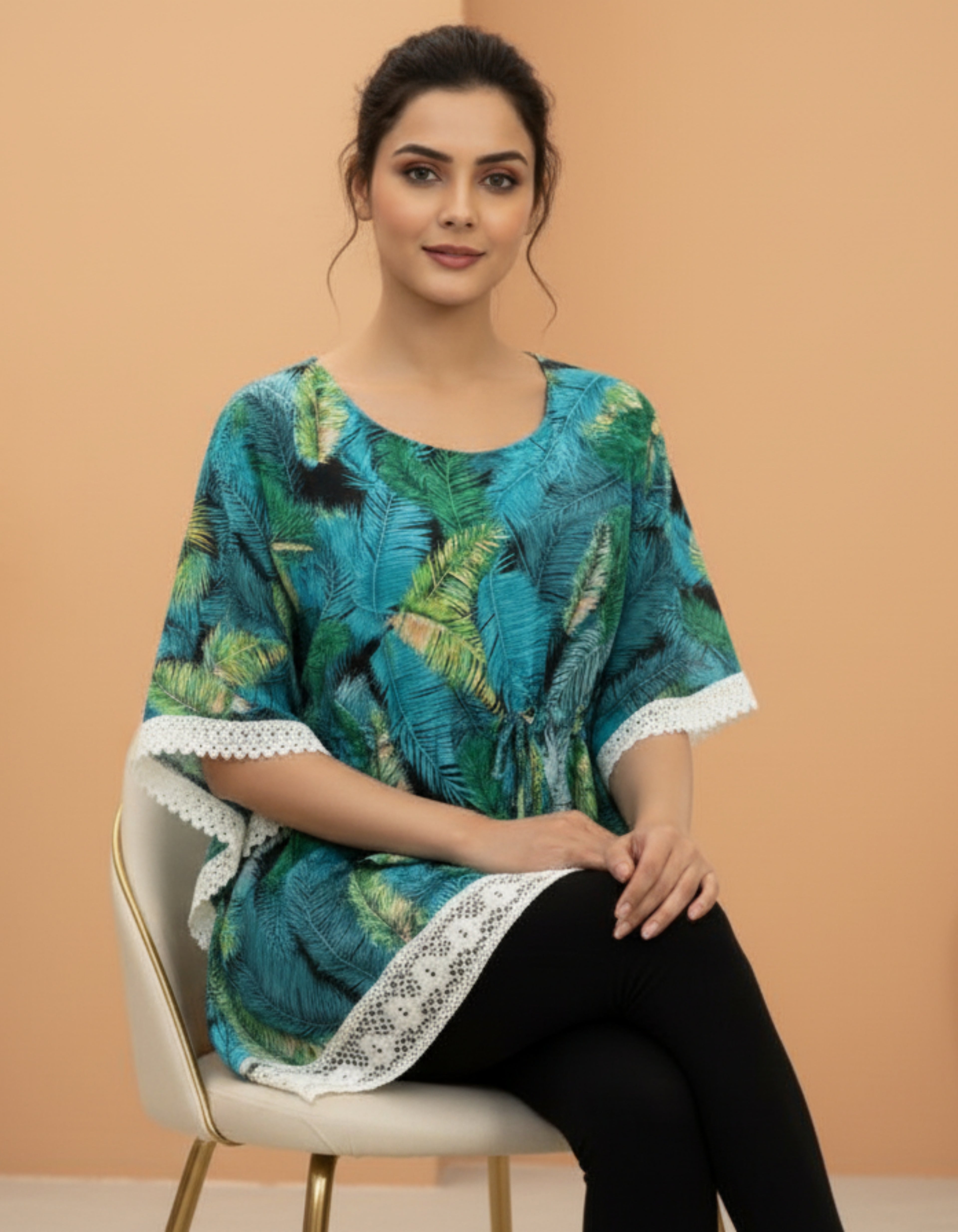 Tropical Printed Crepe Top with Lace Detailing | Stylish Casual Wear | Viigobella