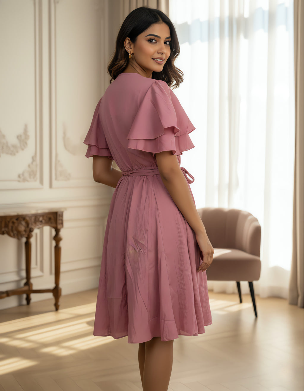 Viigobella Rose Pink Delta Fabric Wrap Dress with Layered Ruffle Sleeves