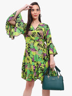 Women’s Printed Crepe Short Dress with Flared Sleeves – Export Quality