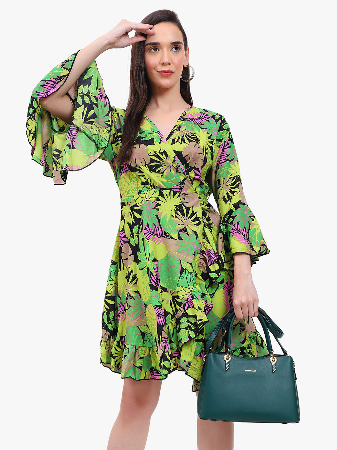 Women’s Printed Crepe Short Dress with Flared Sleeves – Export Quality