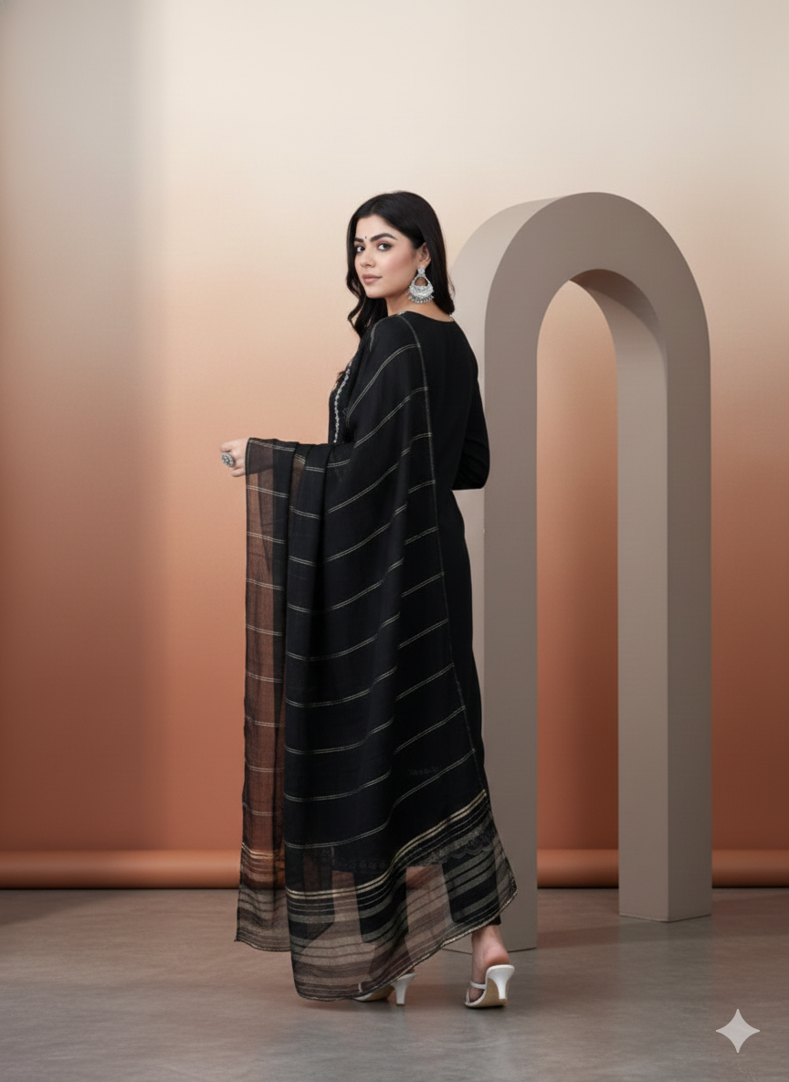 ViigoBella Roman Silk Embroidered Straight Suit with Dupatta – Black Elegant Edition