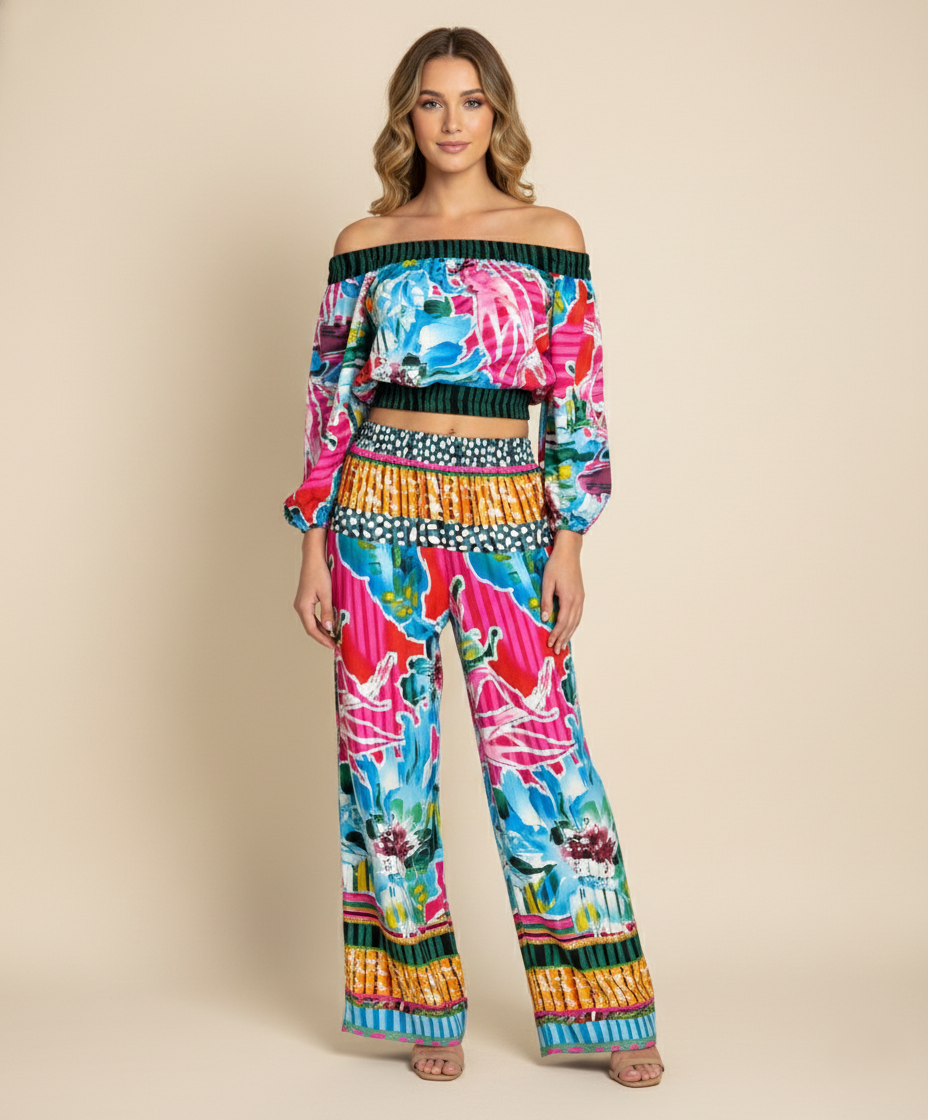 Viigobella Printed Crepe Off-Shoulder Top & Palazzo Co-Ord Set