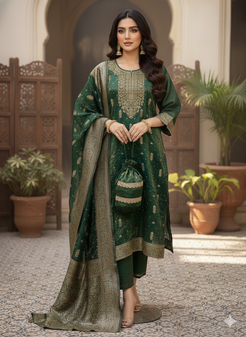 Premium Tissue Kurti Pant Set with Banarasi Dupatta & Matching Potli – Festive Ethnic Wear