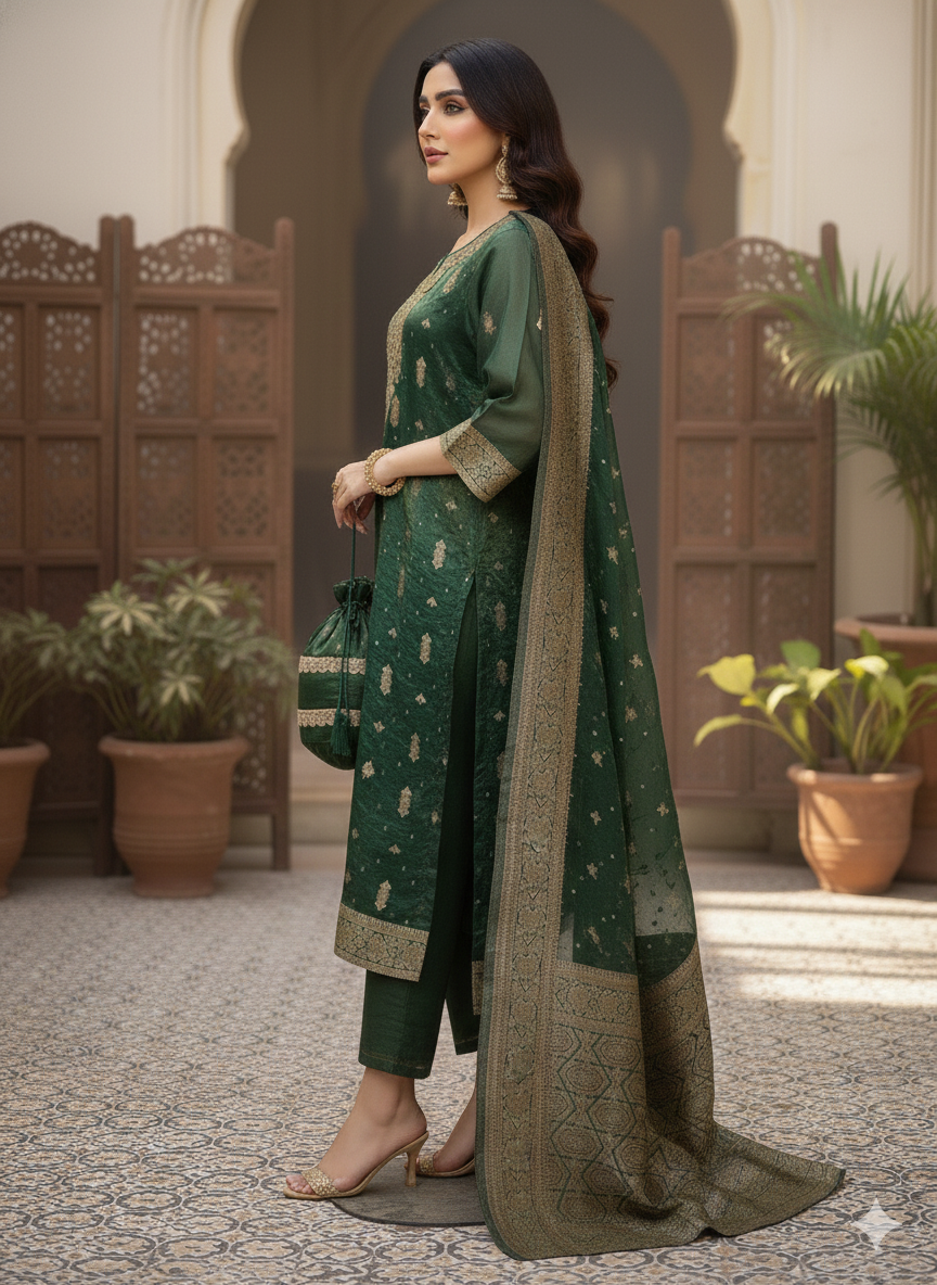 Premium Tissue Kurti Pant Set with Banarasi Dupatta & Matching Potli – Festive Ethnic Wear