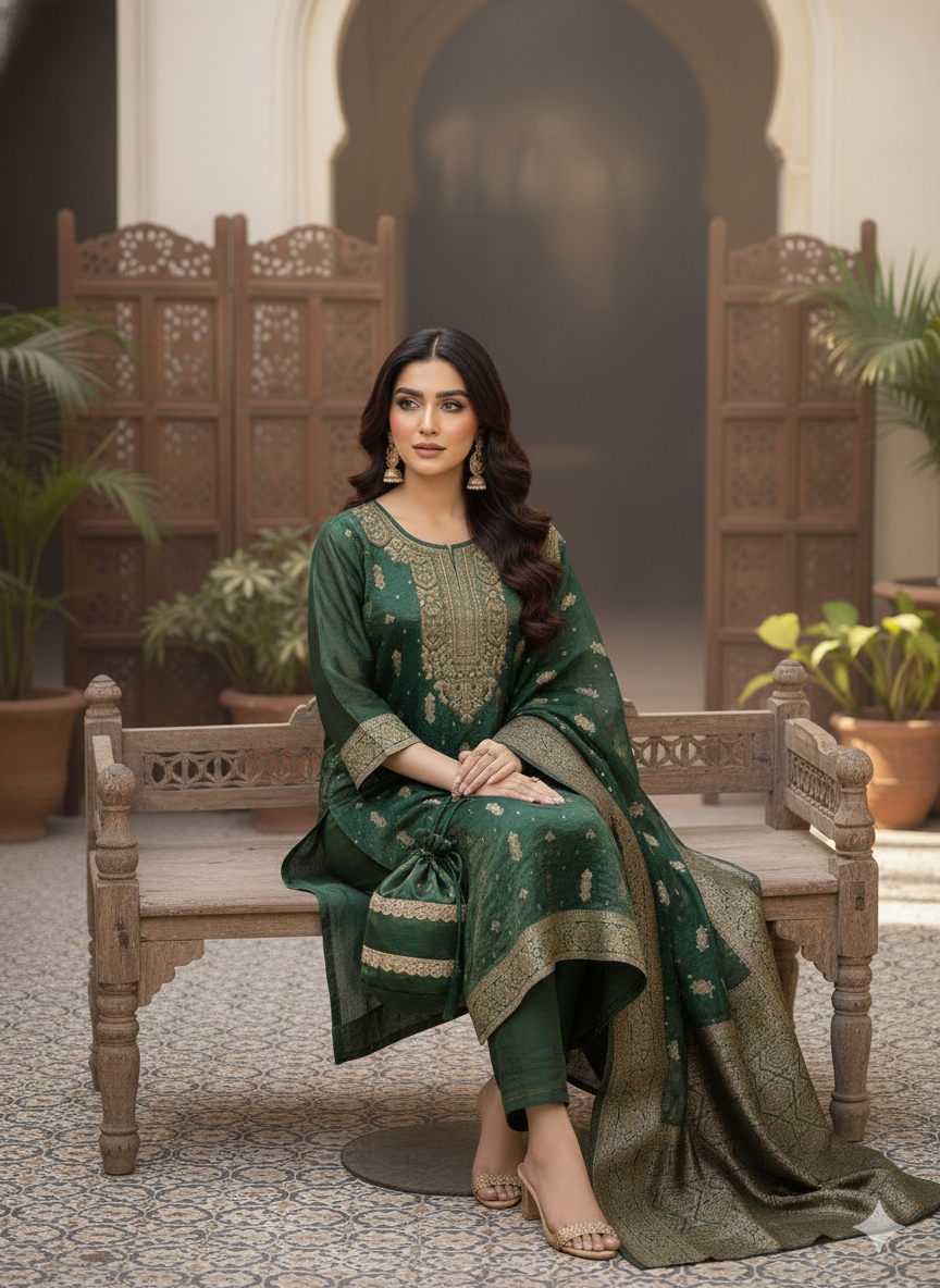 Premium Tissue Kurti Pant Set with Banarasi Dupatta & Matching Potli – Festive Ethnic Wear