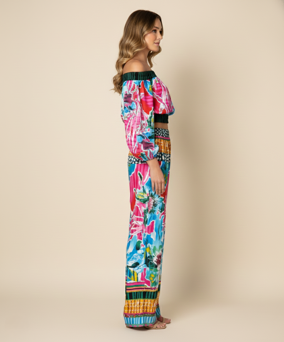 Viigobella Printed Crepe Off-Shoulder Top & Palazzo Co-Ord Set