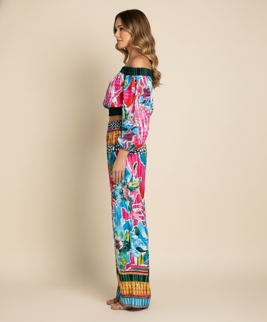 Viigobella Printed Crepe Off-Shoulder Top & Palazzo Co-Ord Set