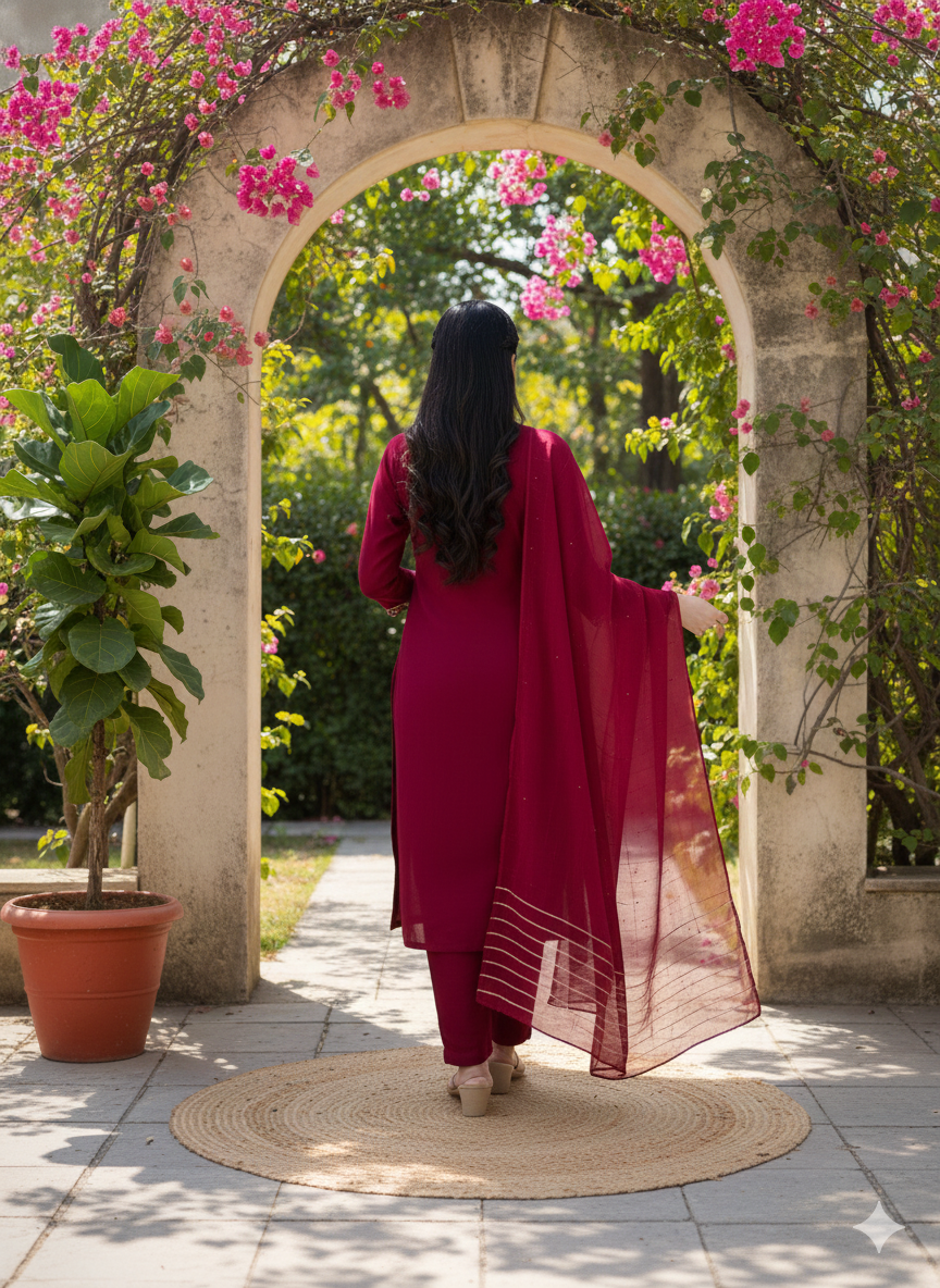 ViigoBella Roman Silk Embroidered Straight Suit with Dupatta – Maroon Premium Edition
