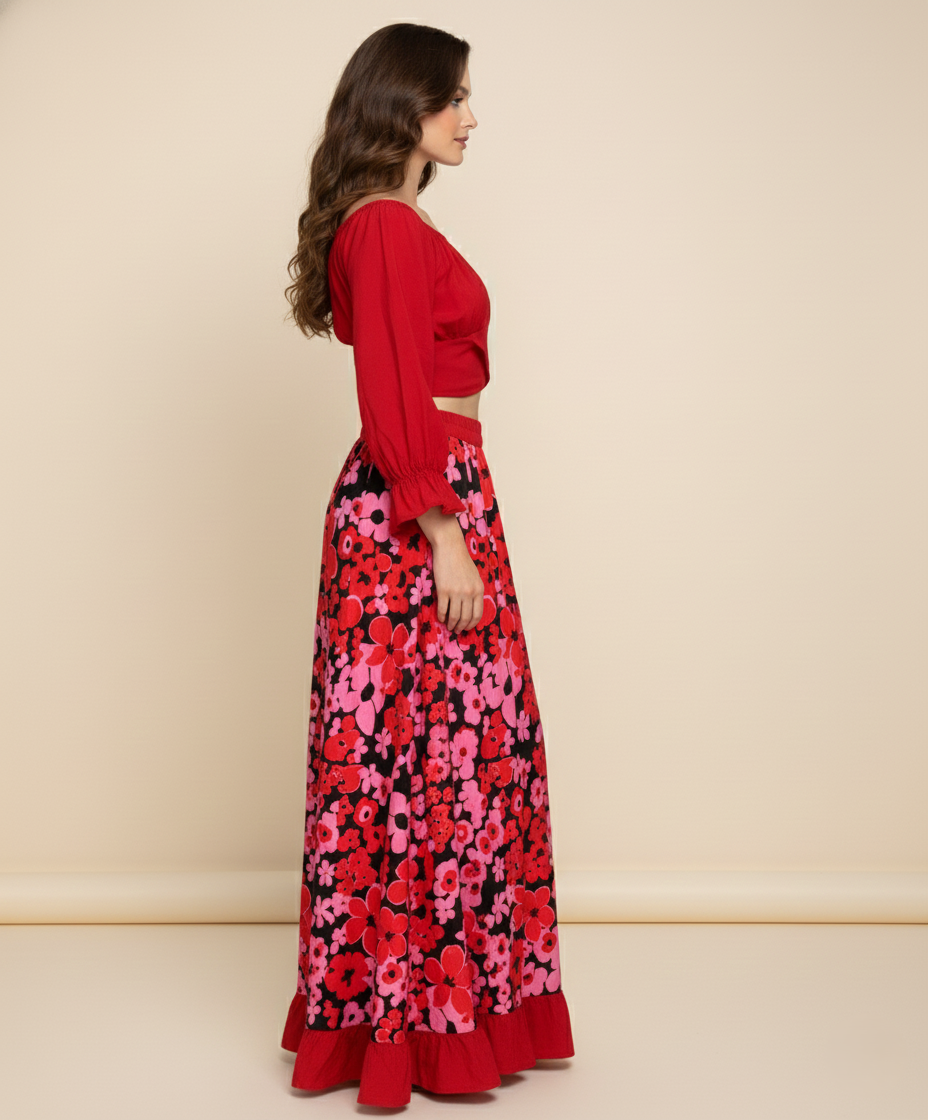 Viigobella Printed Crepe Off-Shoulder Crop Top & Long Skirt Set