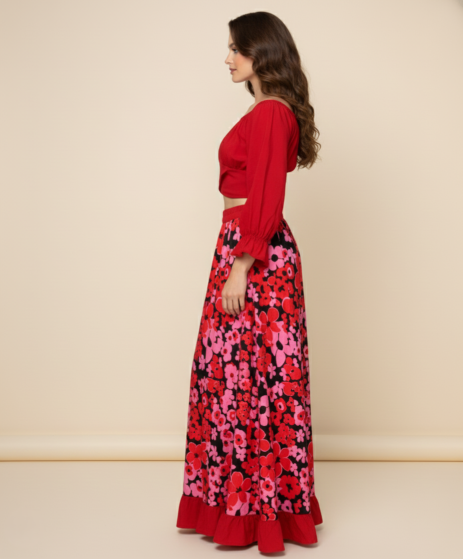 Viigobella Printed Crepe Off-Shoulder Crop Top & Long Skirt Set