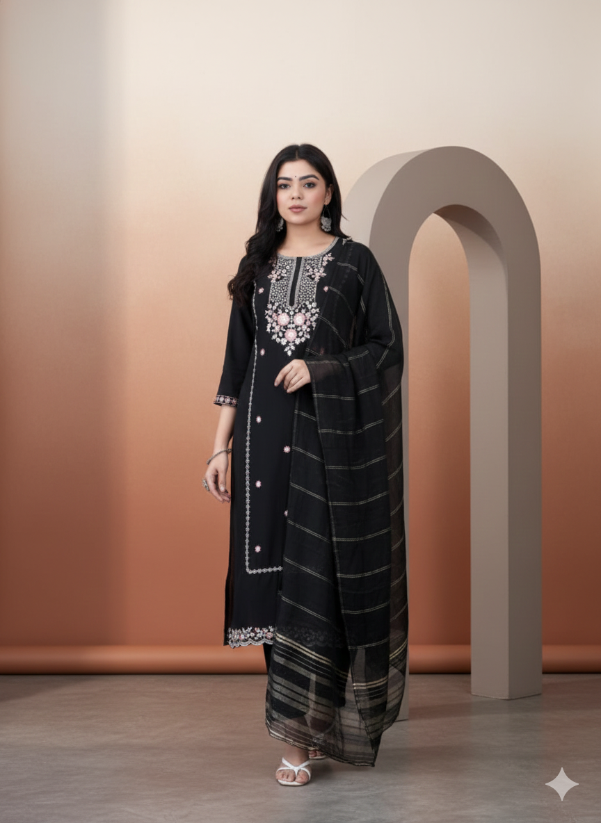 ViigoBella Roman Silk Embroidered Straight Suit with Dupatta – Black Elegant Edition