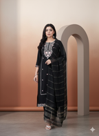 ViigoBella Roman Silk Embroidered Straight Suit with Dupatta – Black Elegant Edition