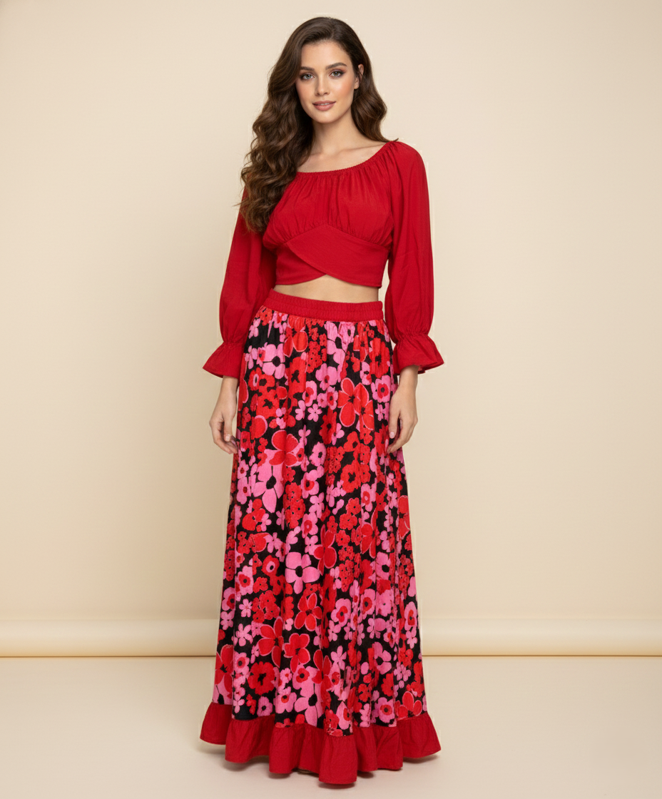 Viigobella Printed Crepe Off-Shoulder Crop Top & Long Skirt Set