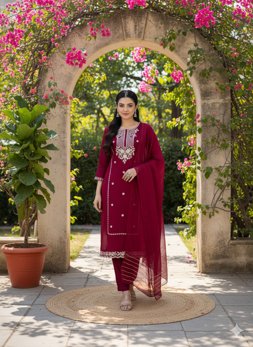 ViigoBella Roman Silk Embroidered Straight Suit with Dupatta – Maroon Premium Edition