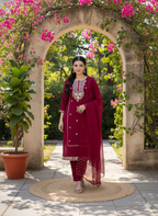 ViigoBella Roman Silk Embroidered Straight Suit with Dupatta – Maroon Premium Edition