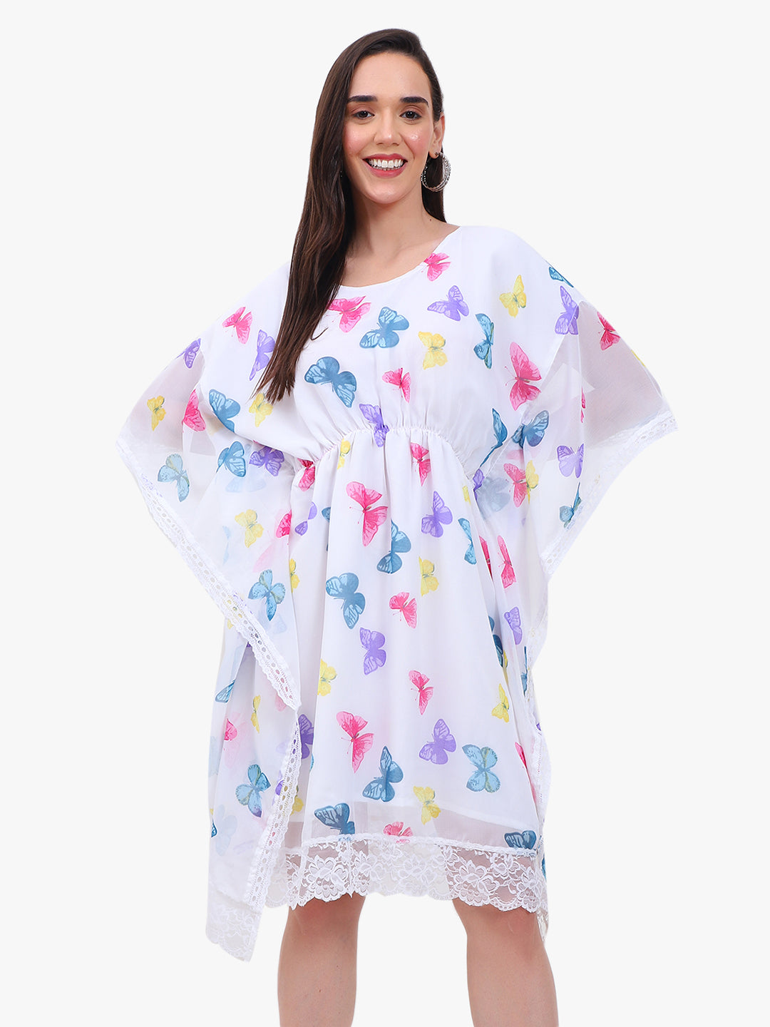 Women’s Printed Georgette Kaftan Dress with Lace Hem – Export Quality