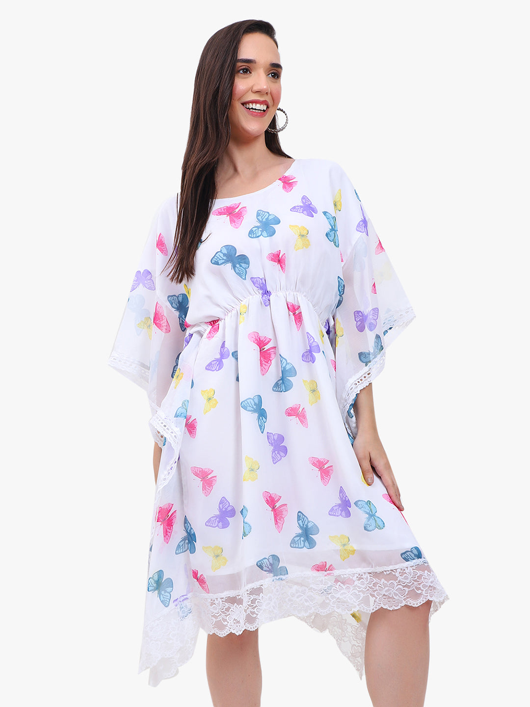 Women’s Printed Georgette Kaftan Dress with Lace Hem – Export Quality