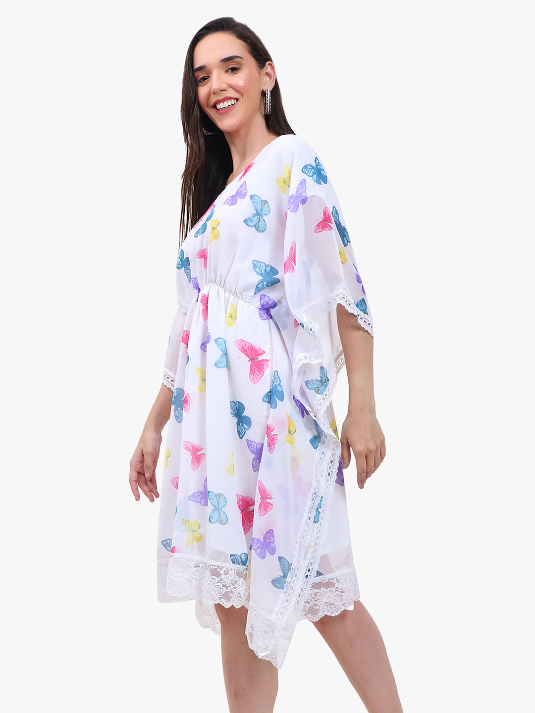 Women’s Printed Georgette Kaftan Dress with Lace Hem – Export Quality