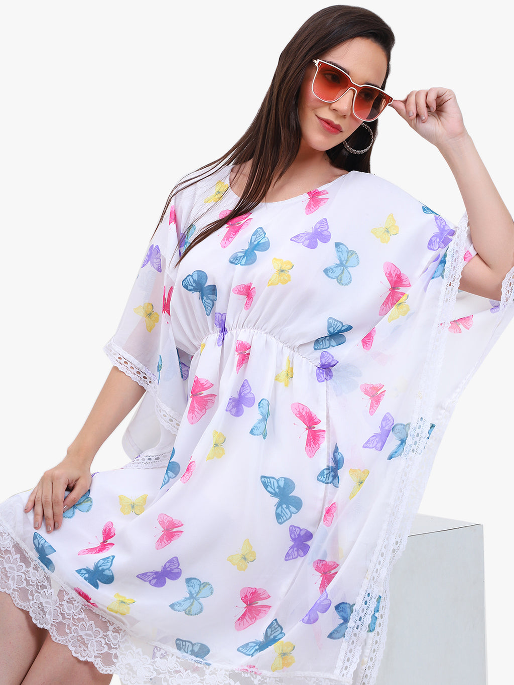 Women’s Printed Georgette Kaftan Dress with Lace Hem – Export Quality