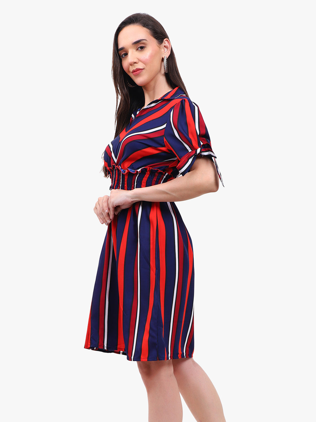 Women’s Striped Crepe Short Dress with Smocked Waist – Export Quality
